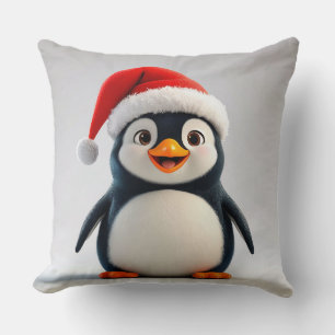 Cheerful Cartoon Penguin Wearing Santa Hat Cushion