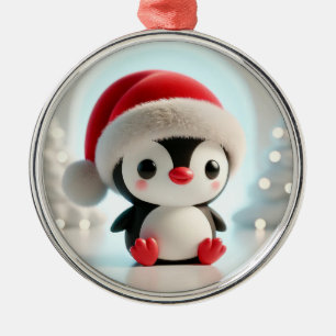 Cheerful Cartoon Penguin Wearing Santa Hat Metal Ornament