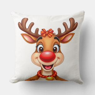 Cheerful Cartoon Reindeer with Red Nose Cushion