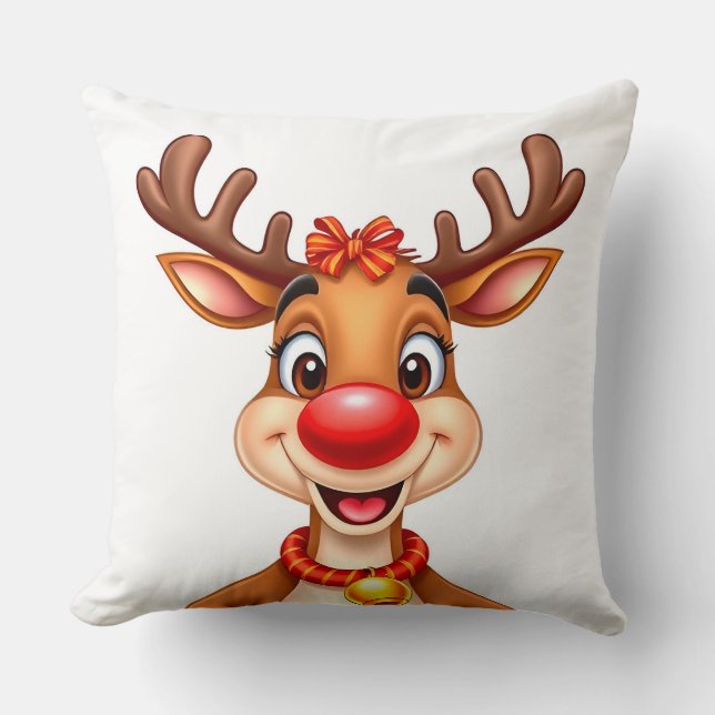 Cheerful Cartoon Reindeer with Red Nose Cushion (Front)