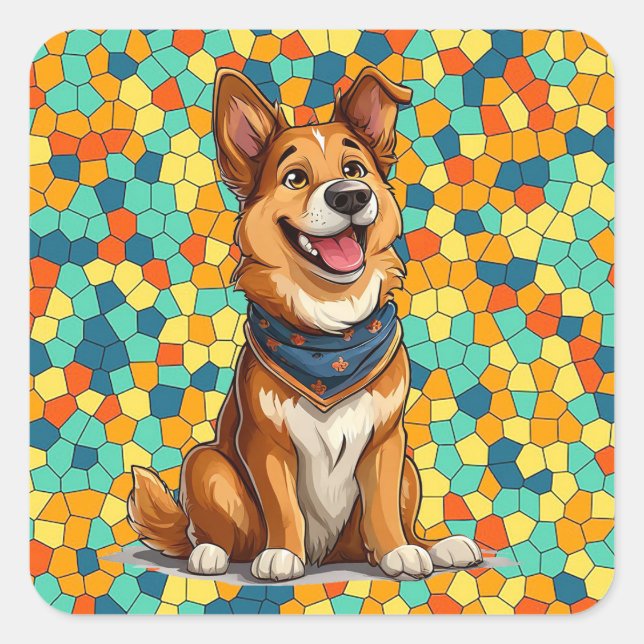 Cheerful cartoon-style dog square sticker (Front)