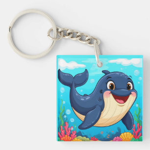 Cheerful Cartoon Whale Swimming Key Ring