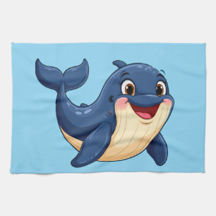 Cheerful Cartoon Whale Swimming Tea Towel