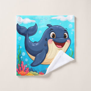 Cheerful Cartoon Whale Swimming Wash Cloth