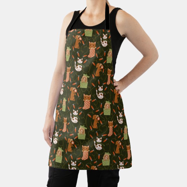 Cheerful Cat Dog Christmas Lights Pattern Green Apron (Insitu)