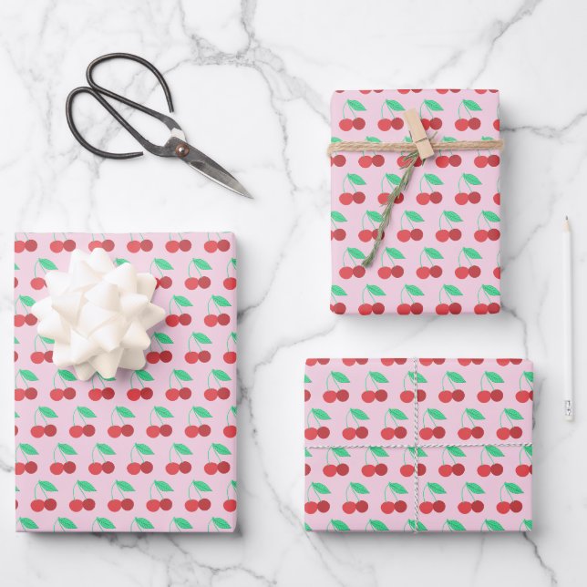Cheerful Cherries Fruity Fun Red Green Pink Wrapping Paper Sheet (Front)