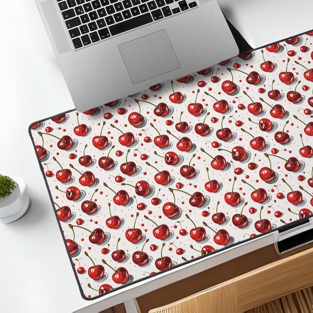 Cheerful Cherries Red White Fruit Pattern Kitchen Desk Mat (Red cherry kitchen laptop desk mat, a fun fruit pattern for foodies)