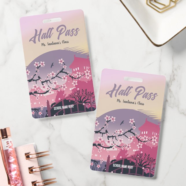 Cheerful Cherry Blossom Hall Pass Customisable ID Badge (Office)