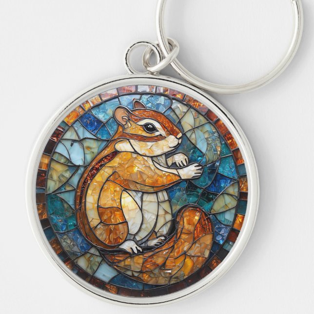 Cheerful Chipmunk Colourful Stained Glass Art Key Ring (Front)
