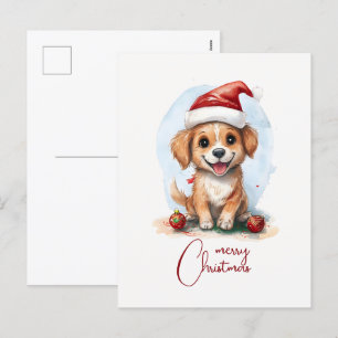 Cheerful Christmas Dog with Santa Hat and Ornament Holiday Postcard