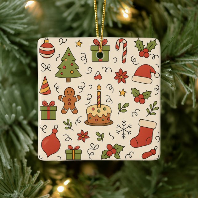 Cheerful Christmas Doodle Pattern Ceramic Ornament (Tree)