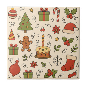 Cheerful Christmas Doodle Pattern Ceramic Tile