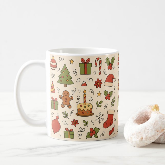 Cheerful Christmas Doodle Pattern Coffee Mug (With Donut)