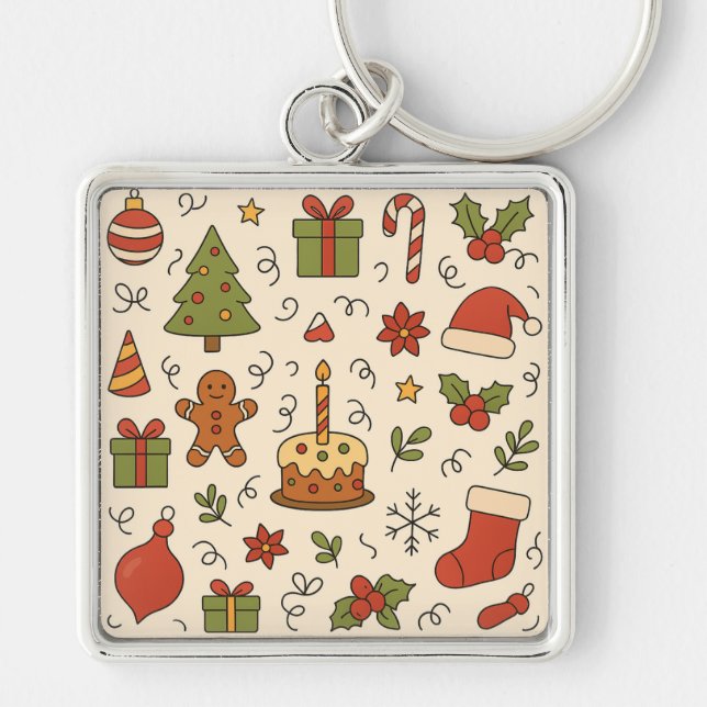 Cheerful Christmas Doodle Pattern Key Ring (Front)