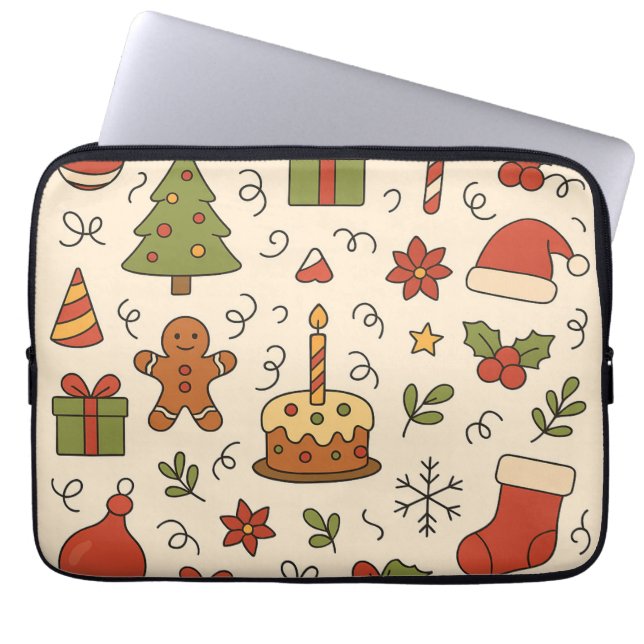 Cheerful Christmas Doodle Pattern Laptop Sleeve (Front)