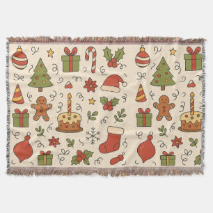 Cheerful Christmas Doodle Pattern Throw Blanket