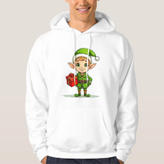 Cheerful Christmas Elf with Gift – Holiday Hoodie (Front)