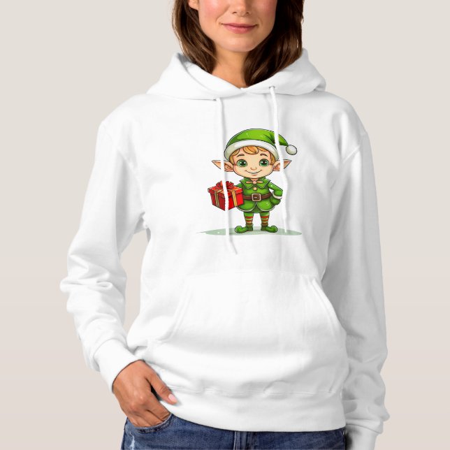 Cheerful Christmas Elf with Gift – Holiday Hoodie (Front)