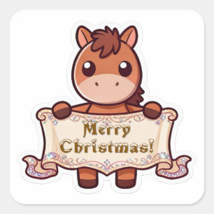 Cheerful Christmas Horse with banner Square Sticker