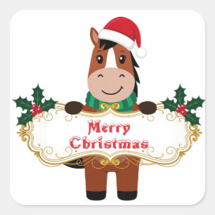 Cheerful Christmas Horse with banner Square Sticker