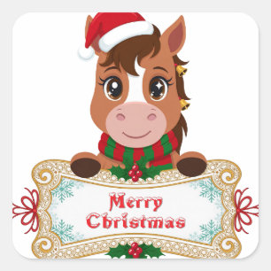 Cheerful Christmas Horse with banner Square Sticker