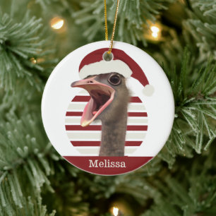 Cheerful Christmas Ostrich With Santa Hat Ceramic Ornament