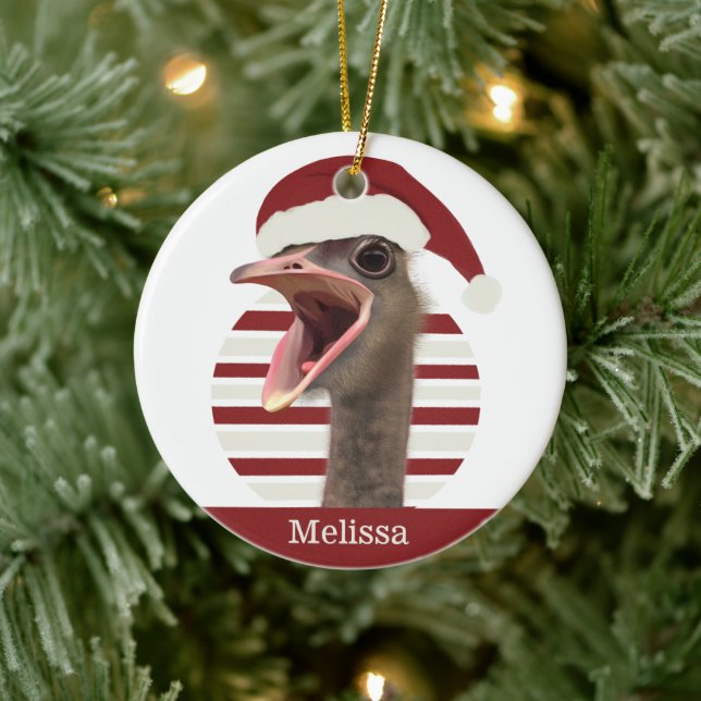 Cheerful Christmas Ostrich With Santa Hat Ceramic Ornament (Tree)