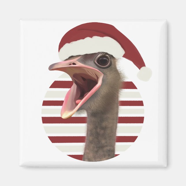 Cheerful Christmas Ostrich With Santa Hat Magnet (Front)