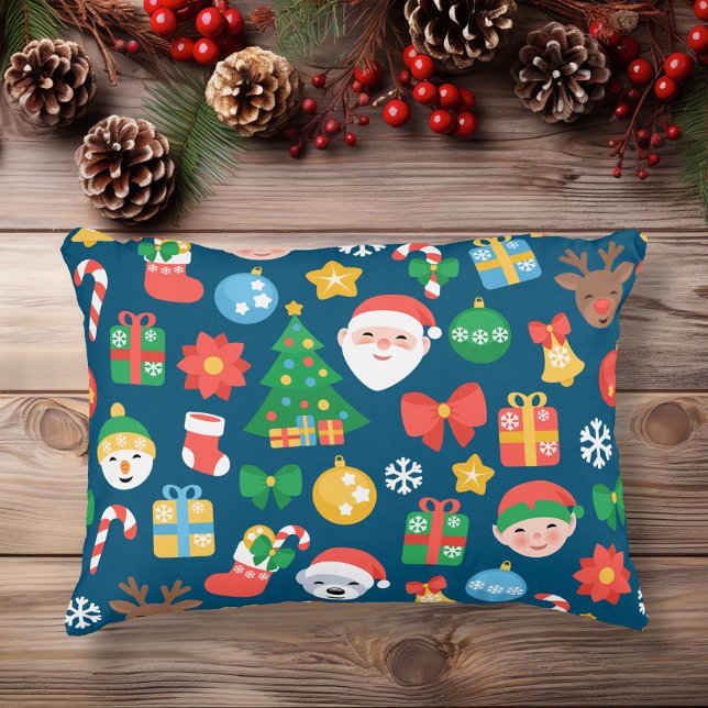 Cheerful Christmas Pattern on Blue Decorative Cushion (Creator Uploaded)