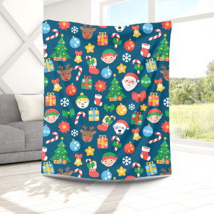 Cheerful Christmas Pattern on Blue Fleece Blanket