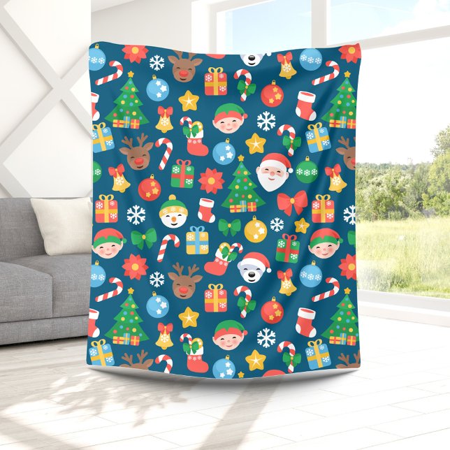 Cheerful Christmas Pattern on Blue Fleece Blanket (Creator Uploaded)