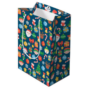 Cheerful Christmas Pattern on Blue Medium Gift Bag