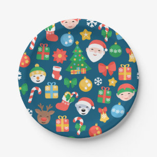 Cheerful Christmas Pattern on Blue Paper Plate