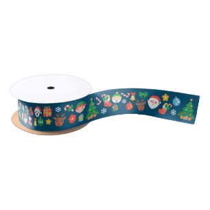 Cheerful Christmas Pattern on Blue Satin Ribbon