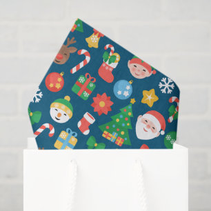 Cheerful Christmas Pattern on Blue Tissue Paper