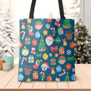 Cheerful Christmas Pattern on Blue Tote Bag