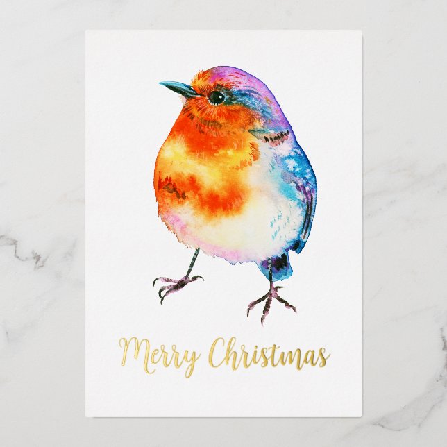 Cheerful Christmas Robin Watercolor Customisable  Foil Holiday Card (Front)