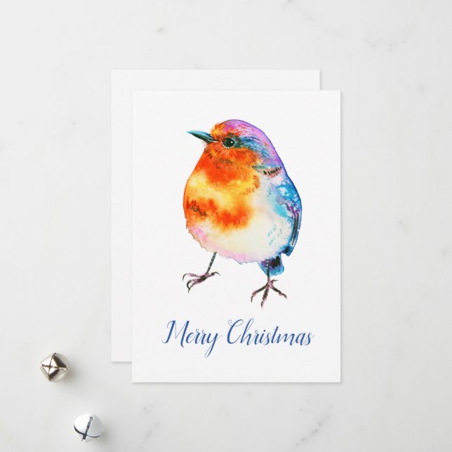 Cheerful Christmas Robin Watercolor Customisable  Holiday Card (Front/Back In Situ)