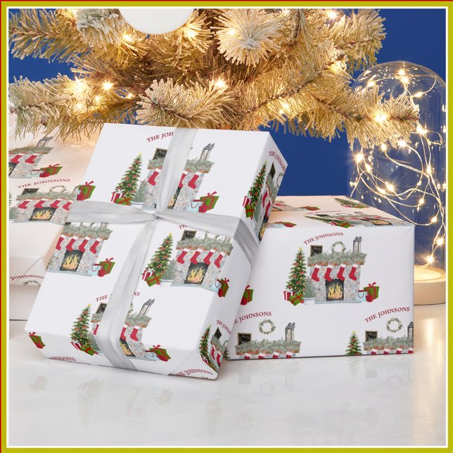 Cheerful Christmas Scene Fireplace Family Name Wrapping Paper (Creator Uploaded)