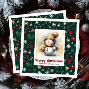 Cheerful Christmas Snowman Napkins Custom Name 