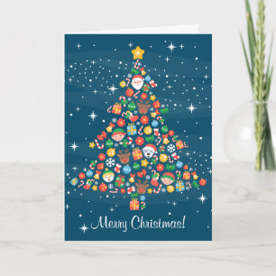 Cheerful Christmas Tree Pattern on Blue Holiday Card