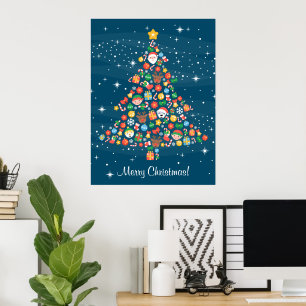 Cheerful Christmas Tree Pattern on Blue Poster