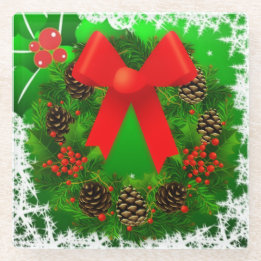 Cheerful Christmas Wreath Glass Coaster