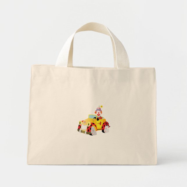 cheerful clown drives a whimsical yellow car  mini tote bag (Front)