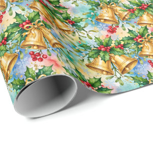 Cheerful Colorful Christmas Gold Bells Holly Wrapping Paper
