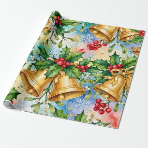 Cheerful Colorful Christmas Gold Bells Holly Wrapping Paper