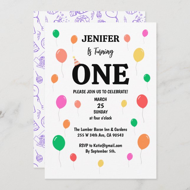cheerful colourful balloon birthday invitation (Front/Back)