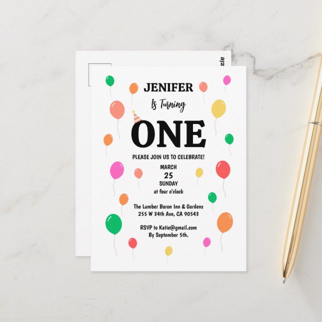 cheerful colourful balloon birthday postcard (Front/Back In Situ)