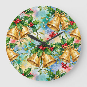 Cheerful Colourful Christmas Gold Bells Holly Large Clock