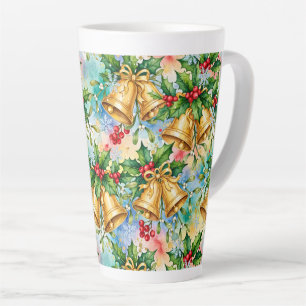 Cheerful Colourful Christmas Gold Bells Holly Latte Mug